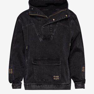 Seroya Braxton Oversized Denim Hoodie Jacket – Black, Distressed w Stud Details